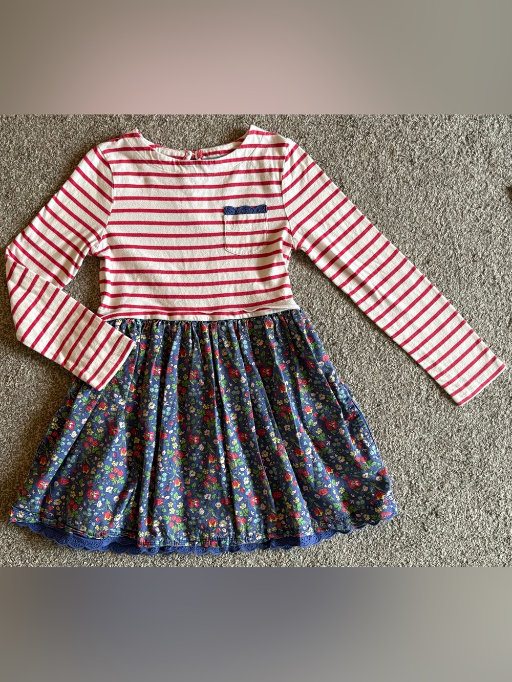Mini Boden Pink and White Striped Top with Blue Floral Skirt Dress